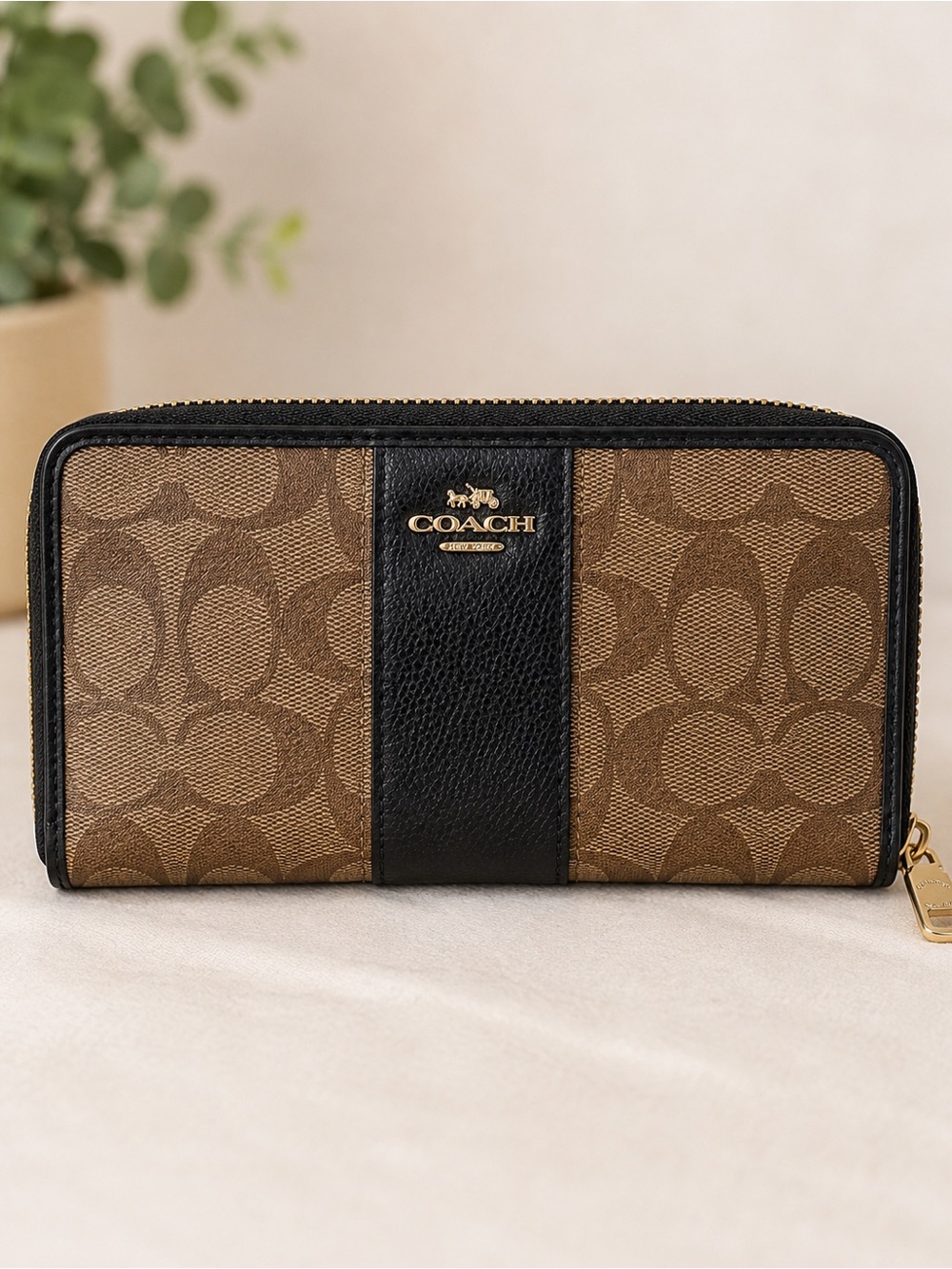 Coach Brown Signature Zip Wallet with Black Center Panel